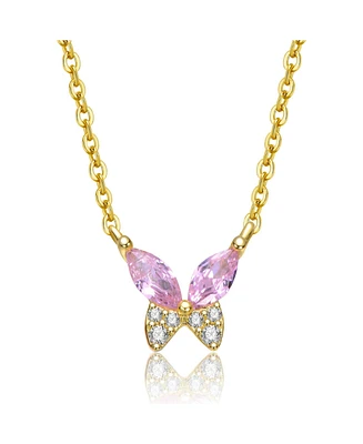 14k Gold Plated with Pink Cubic Zirconia Butterfly Pendant Necklace