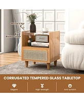 Gouun Bamboo Rattan Nightstand with Drawer and Solid Wood Legs