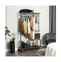 Slickblue Industrial Metal Pipe Garment Rack with Wood Storage Shelves on Wheels Stylish and Functional