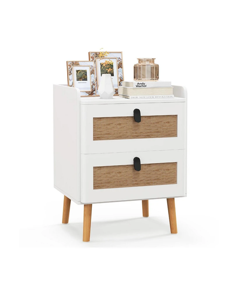 Gouun Modern End Table Bedside Table with 2 Rattan Decorated Drawers