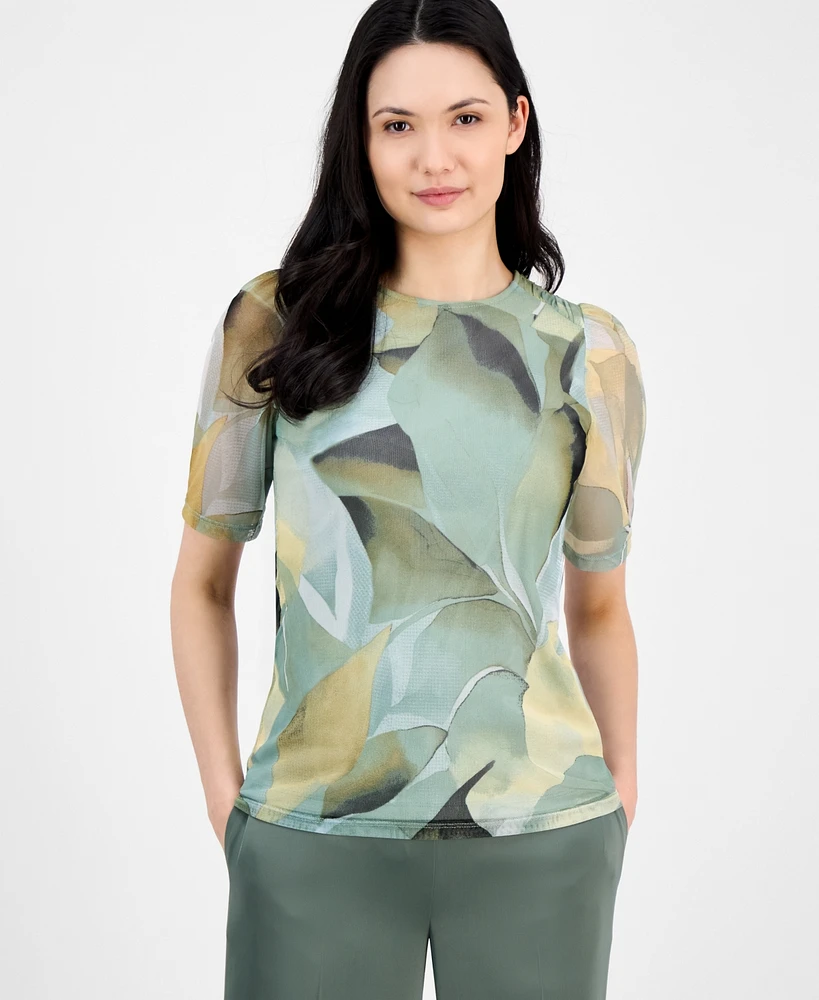 Anne Klein Women's Abstract-Print Elbow-Sleeve Mesh Top