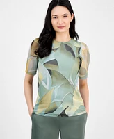 Anne Klein Women's Abstract-Print Elbow-Sleeve Mesh Top