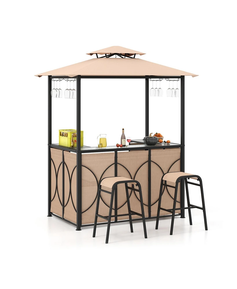 Gouun 3-Piece Patio Bar Set Grill Gazebo & 2 Bar Stools with Tempered Glass Bar Table