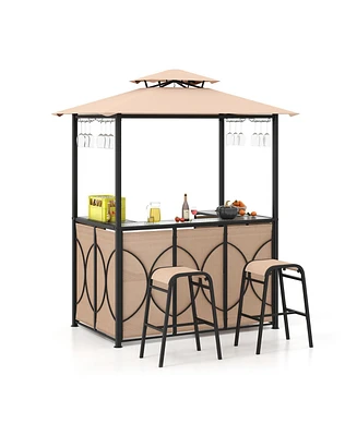 Gouun 3-Piece Patio Bar Set Grill Gazebo & 2 Bar Stools with Tempered Glass Bar Table