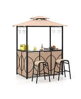 Gouun 3-Piece Patio Bar Set Grill Gazebo & 2 Bar Stools with Tempered Glass Bar Table