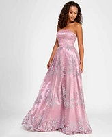 Say Yes Juniors' Strapless Lace-Up-Back Glitter Gown, Created for Macy's