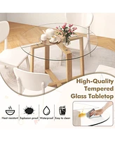 Gouun 42 Inches Round Glass Dining Table with Tempered Glass Tabletop and Rubber Wood Legs