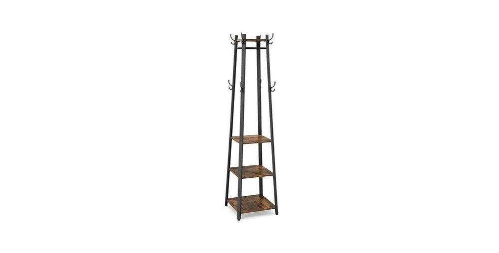 Slickblue Modern Industrial Metal Frame Coat Rack with Wood Shelves and 3-Tier Storage for Entryway