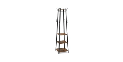 Slickblue Modern Industrial Metal Frame Coat Rack with Wood Shelves and 3-Tier Storage for Entryway