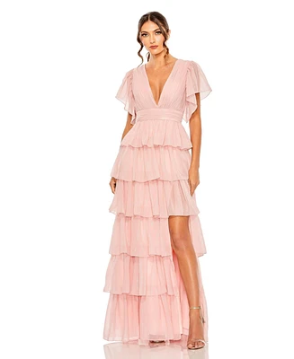 Women's Flutter Sleeve Ruffle Tiered Gown