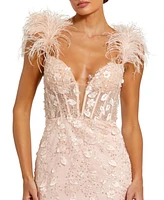 Mac Duggal Women's Sheer Applique Bustier Gown with Feather Straps