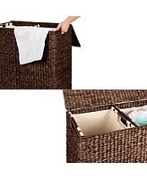 Slickblue 2-Bin Handwoven Hyacinth Laundry Hamper with Linen Liners for Stylish and Organized Laundry Storage