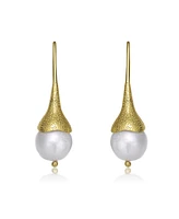 Genevive Sterling Silver 14K Gold Plated with Genuine Freshwater Pearl Hook Earrings