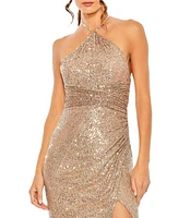 Mac Duggal Women's One Shoulder Ruched Side Front Slit Sequin Gown