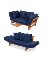 Slickblue Outdoor Acacia Wood Convertible Sofa Futon with 4 Removable Pillows for Patio Relaxation