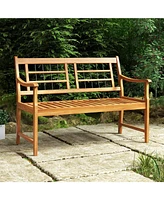 Gouun Patio Acacia Wood Bench with Curved Armrests Slatted Seat and Backrest