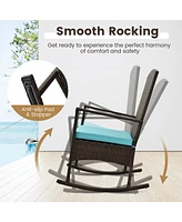 Gymax 3 Pieces Rocking Wicker Bistro Set Outdoor Front Porch Rocker Chairs Conversation Turquoise