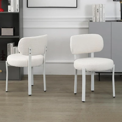 Dyhome Dining Chairs Set of 2, Upholstered Modern Dining Room Chairs, Tufted Sherpa Boucle Kitchen Chairs, Mid Century Dining Chair with White Metal L