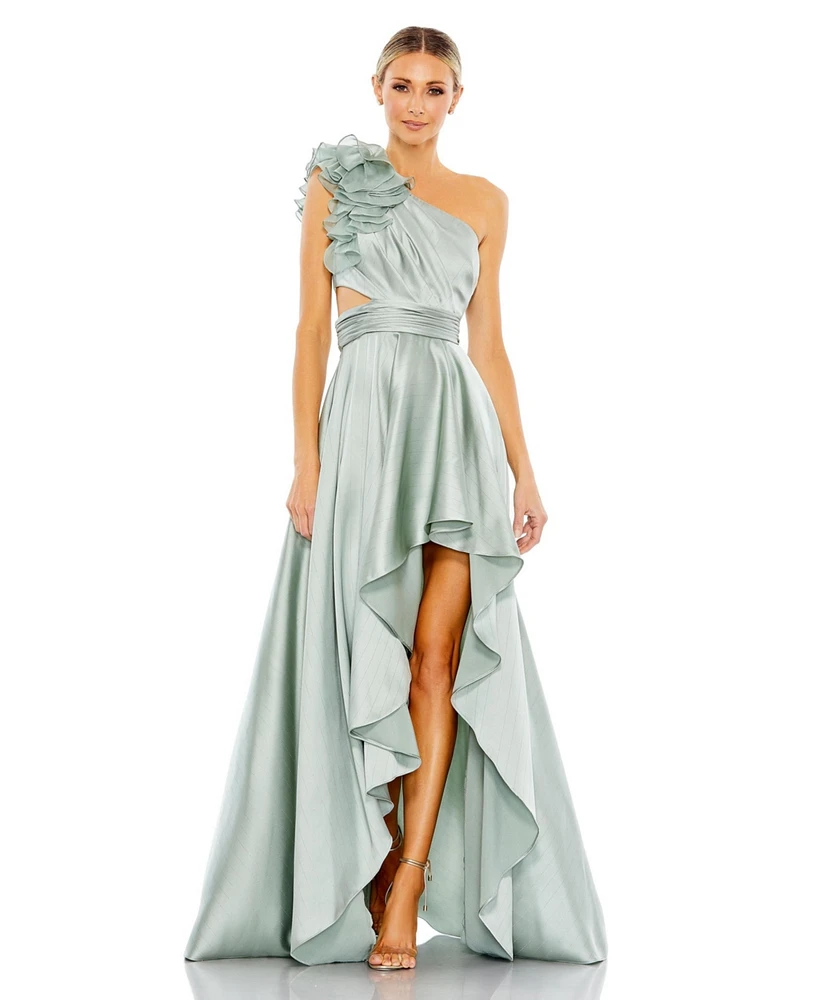 Mac Duggal Women's Ruffled One Shoulder Cut Out Hi-Lo Gown