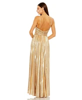 Mac Duggal Women's Metallic Slim Strap Deep V Pleated Gown