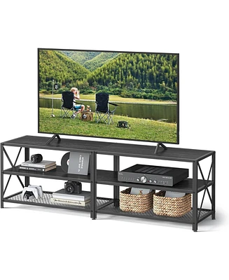 Slickblue Industrial Black Metal and Wood Tv Stand Entertainment Center for Flat-Screen Tv and Storage