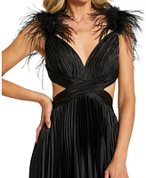 Mac Duggal Women's Pleated Feather Cap Sleeve Open Back Gown