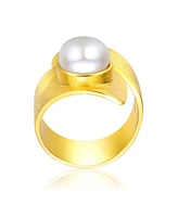 Genevive Sterling Silver 14K Gold Plated with Genuine Freshwater Pearl Modern Ring