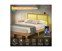 gaomon Queen Size Bed Frame with Rattan Headboard, Platform Bed Frame with Led Lights and Wood Headboard, Strong Wooden Slat, Mattress Foundation