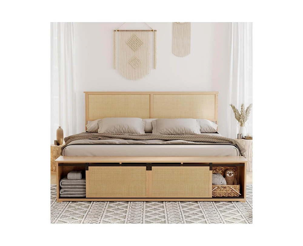 gaomon Natural Rattan Full Size Bed Frame with Sliding Barn Door Storage Cabinets and Headboard