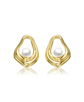 Genevive Sterling Silver 14K Gold Plated with Freshwater Pearl Abstract Shell Earrings