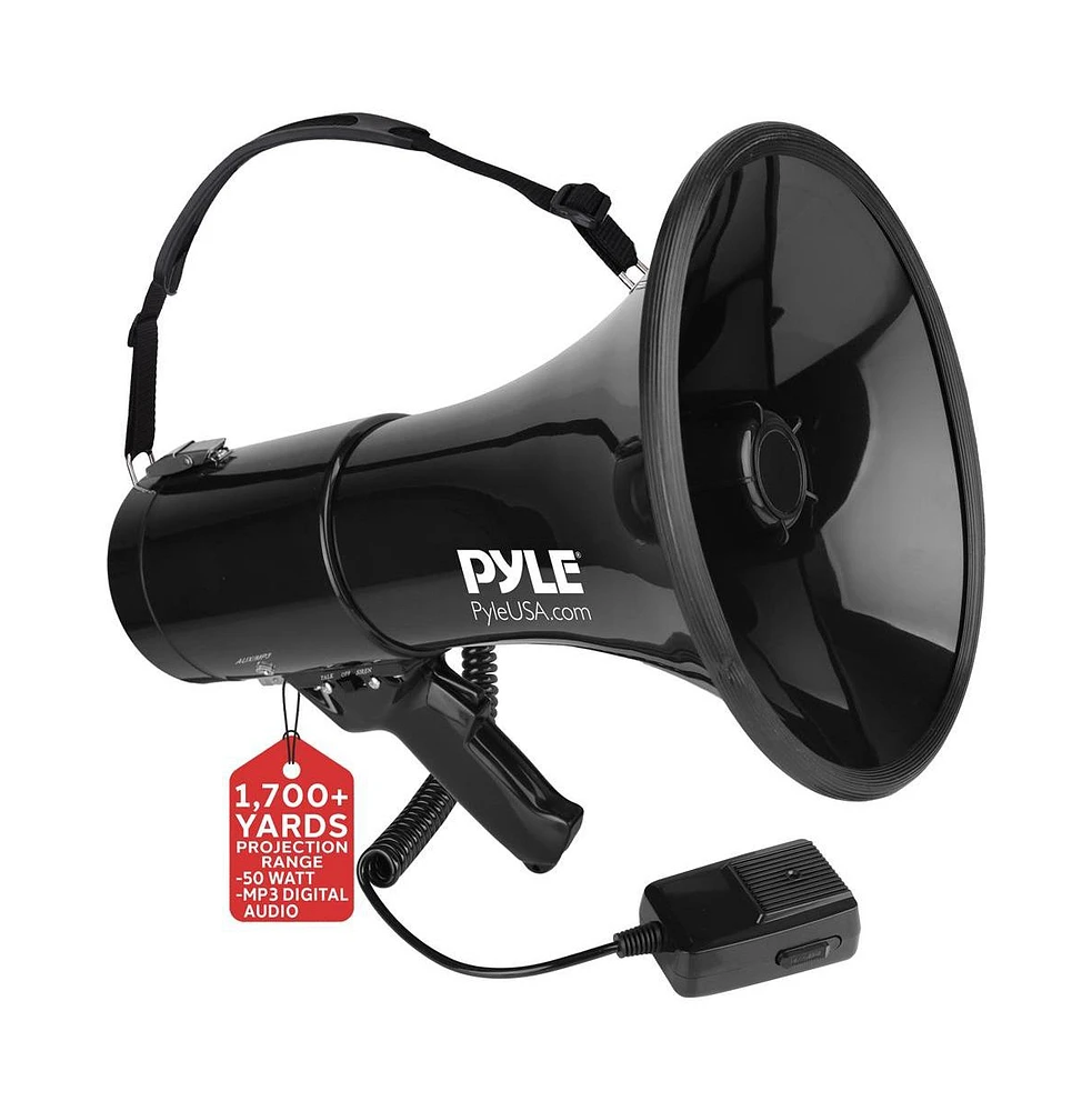 Pyle Megaphone Pa Speaker with Siren, Handheld Mic & Aux Input - 50W, 1,700+ Yard Range