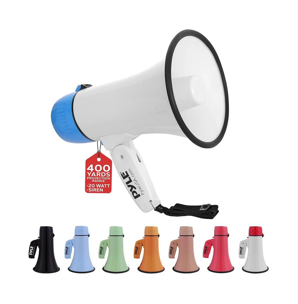 Pyle 20-Watt Portable Megaphone with Siren, MP3 Input, Adjustable Volume, Shoulder Strap, Lightweight White Bullhorn