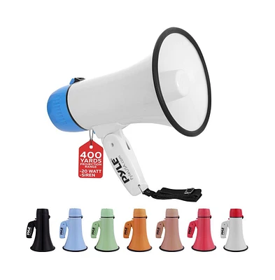 Pyle 20-Watt Portable Megaphone with Siren, MP3 Input, Adjustable Volume, Shoulder Strap, Lightweight White Bullhorn