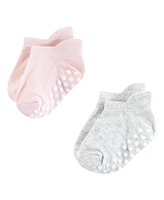 Hudson Baby Girls Non-Skid No-Show Socks, Soft Pink Dot Stripe, 12-24 Months