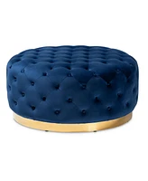 Baxton Studio Sasha Glam and Luxe Royal Blue Velvet Fabric Upholstered Gold Finished Round Cocktail Ottoman