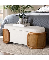 Baxton Studio Basira Japandi Cream Boucle Fabric Storage Bench with Woven Rattan