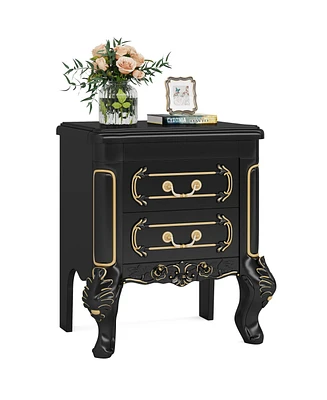 Tribesigns Nightstand, End Table with 2 Drawers, Carved Bedside Tables, Side for Bedroom, Living Room, Classic Bedroom Furniture, Night Stand