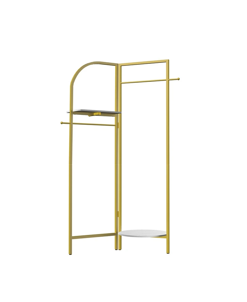 Unho Gold Metal Corner Coat Rack: Garment Rack with 2 Shelves Storage Hanging Clothes