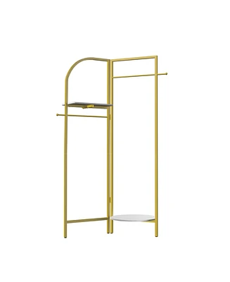 Unho Gold Metal Corner Coat Rack: Garment Rack with 2 Shelves Storage Hanging Clothes