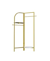 Unho Gold Metal Corner Coat Rack: Garment Rack with 2 Shelves Storage Hanging Clothes