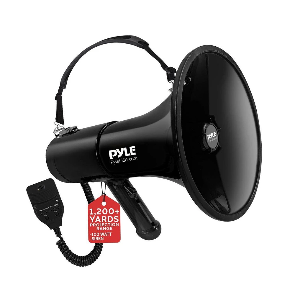 Pyle 100-Watt Hand-Grip Megaphone with Siren, MP3/Aux Input, Rechargeable Battery, Lightweight Black Bullhorn