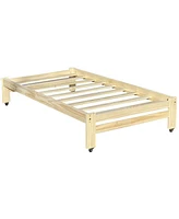 Slickblue Unfinished Solid Wood Platform Bed Frame with Casters Wheels