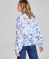 And Now This Women's Floral-Print Button-Front Ruffled Tie-Neck Woven Blouse