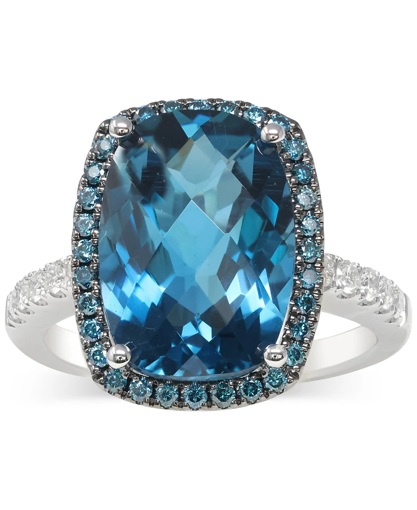 London Blue Topaz (7 ct. t.w.), Blue Diamond (1/4 ct. t.w.), & White Diamond (1/4 ct. t.w.) Halo Statement Ring in 14k White Gold