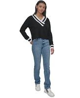 Dkny Jeans Women's Varsity V-Neck Relaxed Sweater