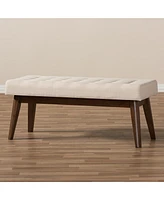 Baxton Studio Elia Mid-Century Modern Walnut Wood Light Beige Fabric Button-Tufted Bench