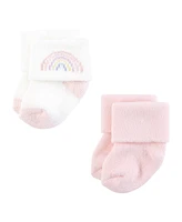 Hudson Baby Girls Cotton Rich Newborn And Terry Socks, Pastel Sun Rainbow, 0-6 Months