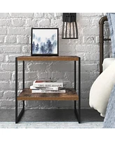 Slickblue Industrial Modern Metal Wood Top Nightstand End Table with Shelf