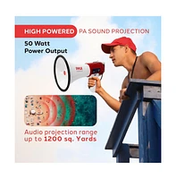 Pyle 50-Watt Portable Megaphone with Usb/Sd Readers, MP3 Playback, Siren Mode, Rechargeable Battery, Wired Handheld Microphone