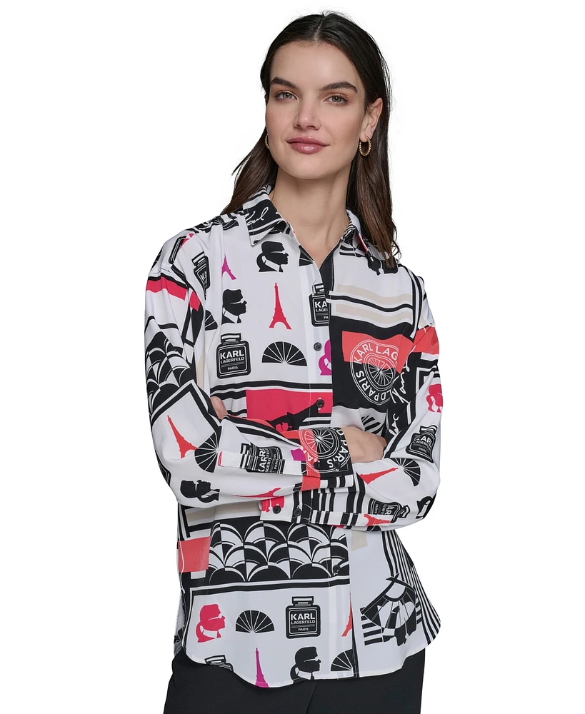 Karl Lagerfeld Paris Petite Printed Long-Sleeve Shirt